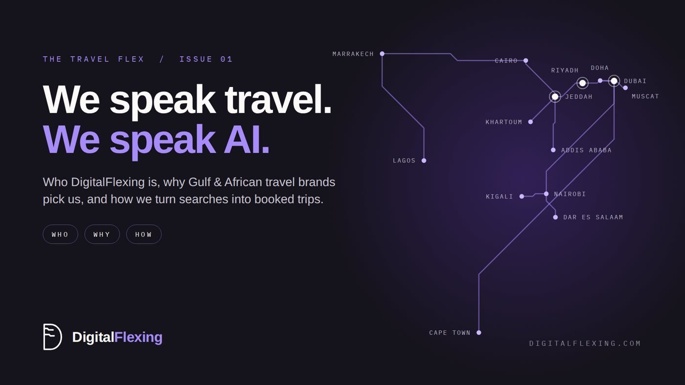 The Travel Flex Issue 01 cover: 'We speak travel. We speak AI.' next to a route map connecting Gulf and African cities